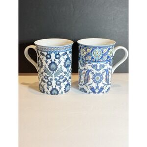 Set of 2 Stechcol Gracie Bone China Blue Floral Coffee Mugs 12 Oz Tea Cups
